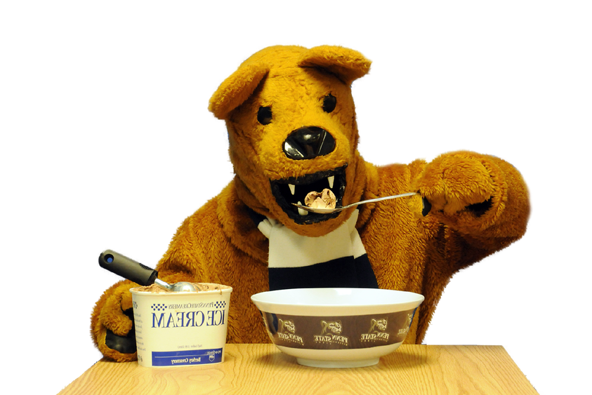 The Nittany Lion mascot digs in to a bowl of Berkey Creamery Ice Cream